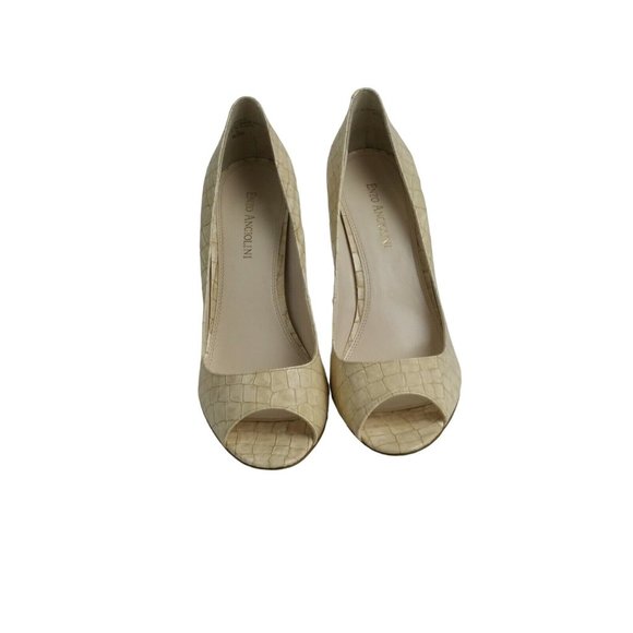 Enzo Angiolini Maylie Heels 8.5 Ivory Beige Embossed Patent Open Toe Snakeskin - Picture 4 of 12